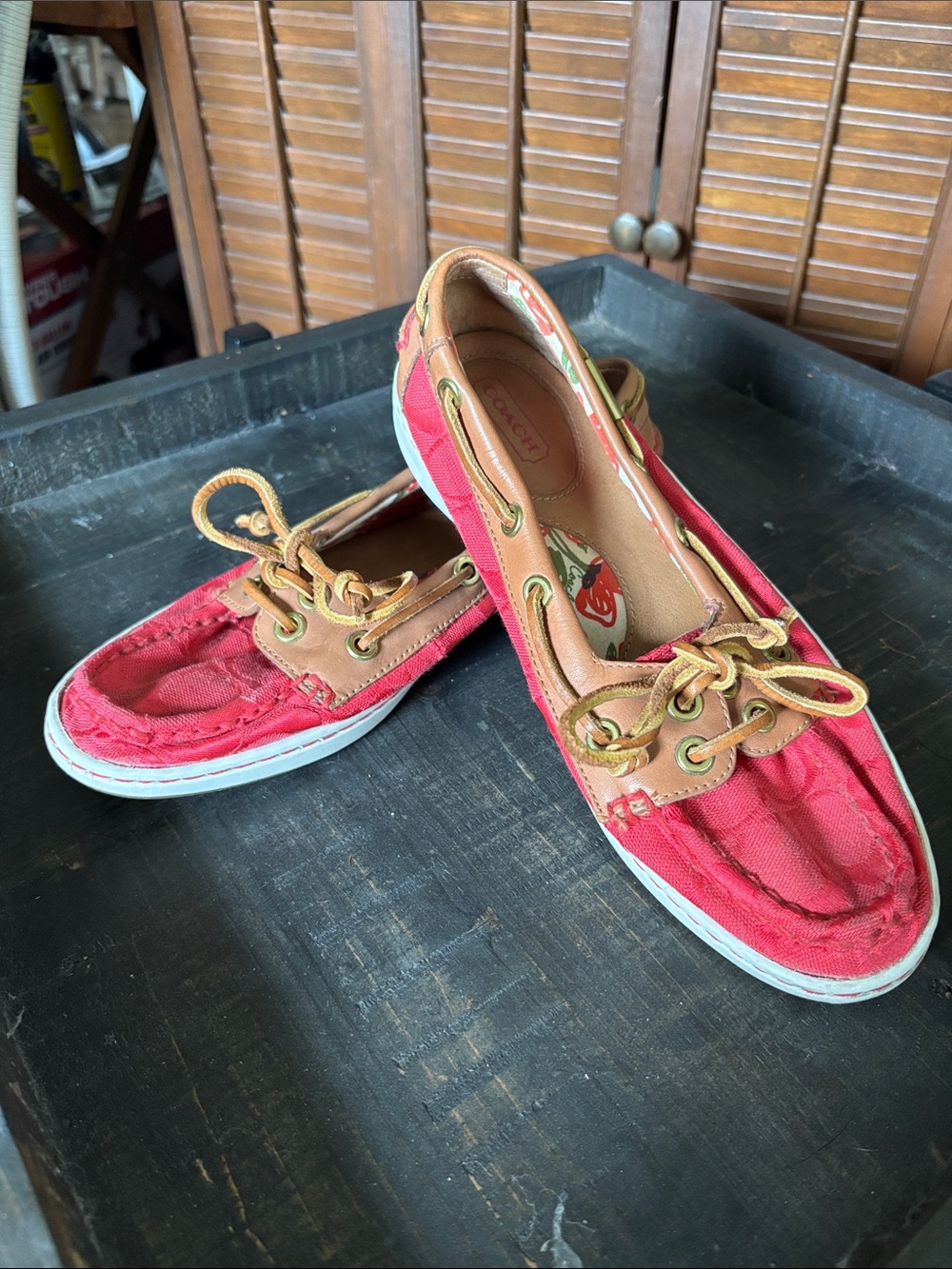 Coach Pink-Red Boat Shoes with Tan Leather Trim